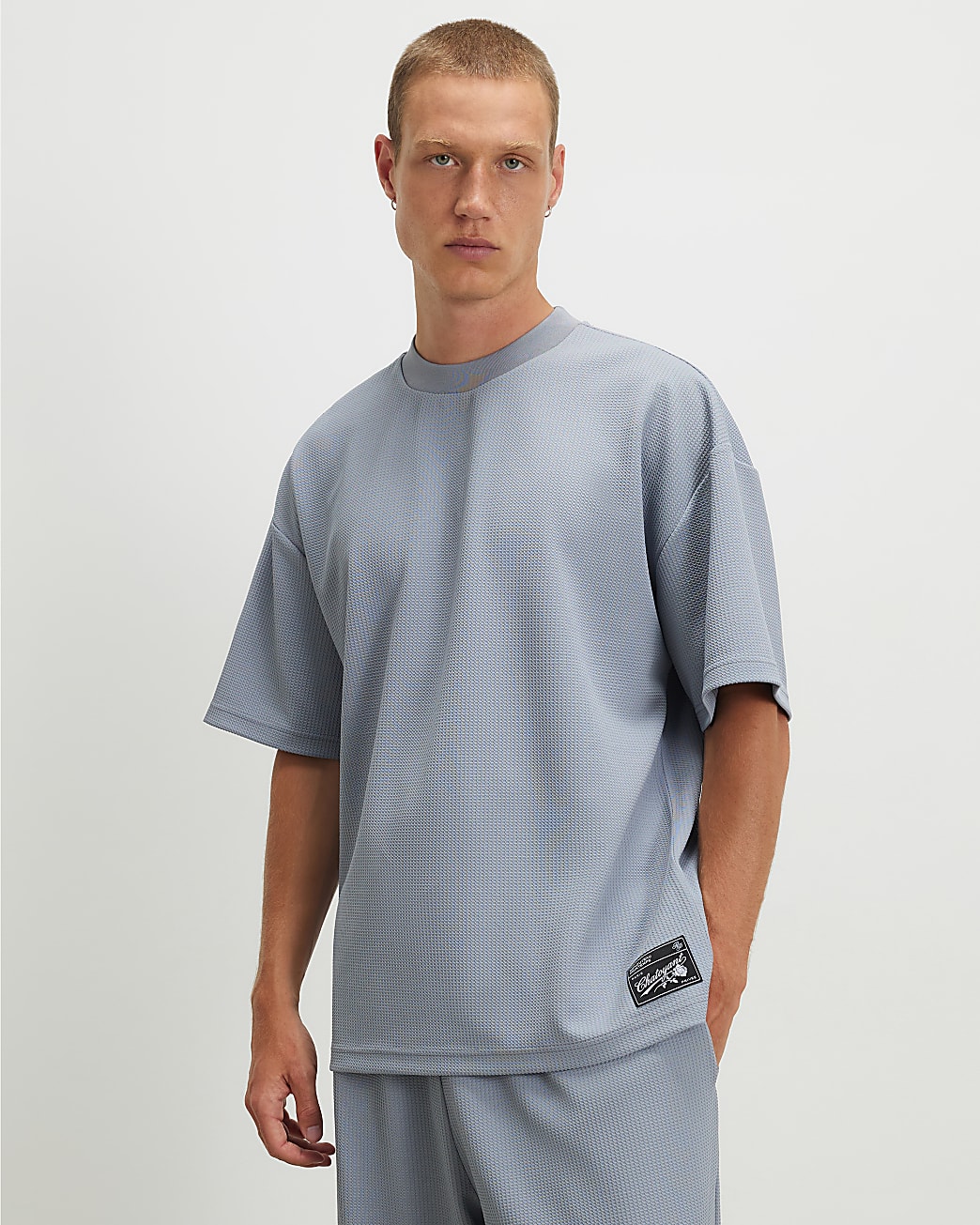 Oversized Fit Waffle Textured T-shirt in Blue - Image 2 Oversized Fit Waffle Textured T-shirt in Blue
