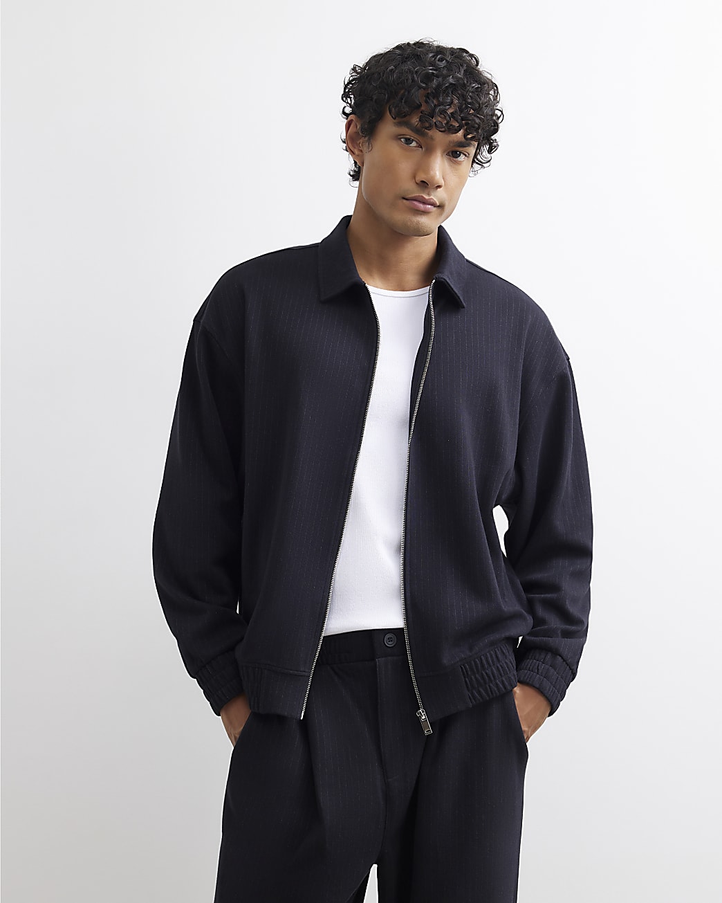 Pinstripe Zipped Sweatshirt in Black - Image 2 Pinstripe Zipped Sweatshirt in Black