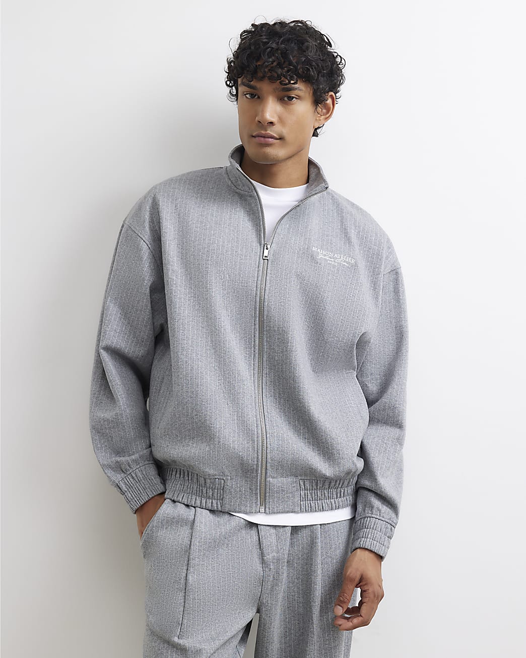 Pinstripe Zipped Sweatshirt in Grey - Image 2 Pinstripe Zipped Sweatshirt in Grey