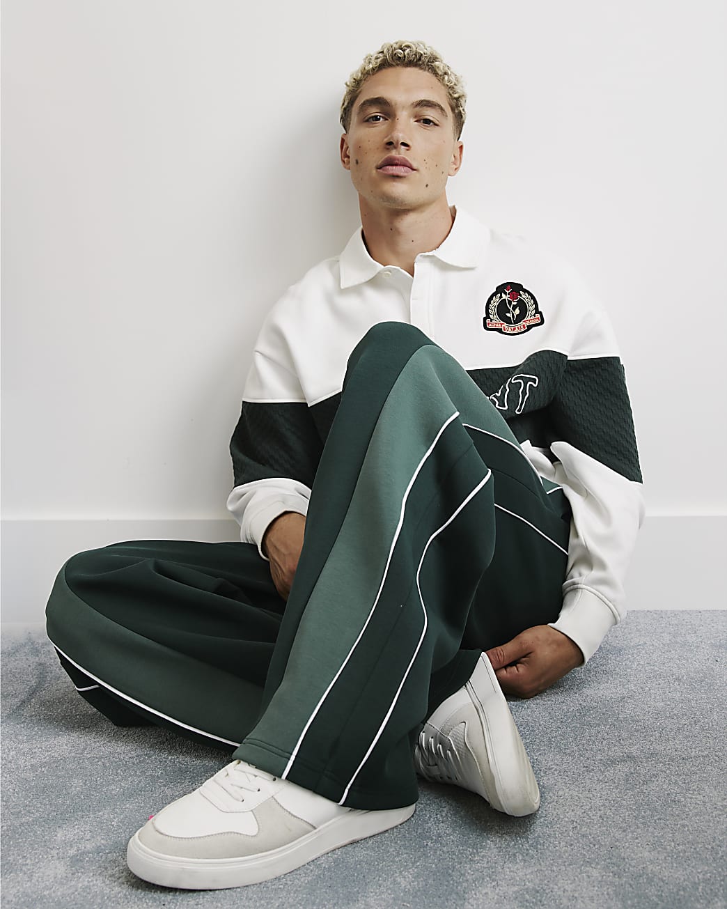 Premium Colour Block Wide Leg Joggers in Green - Image 2 Premium Colour Block Wide Leg Joggers in Green