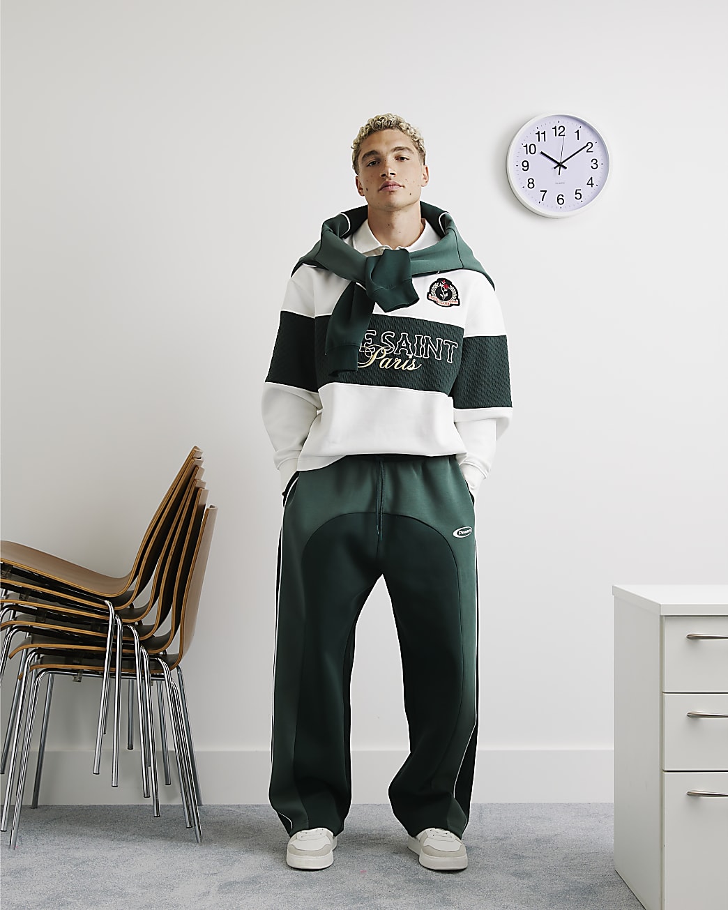 Premium Colour Block Wide Leg Joggers in Green - Image 4 Premium Colour Block Wide Leg Joggers in Green