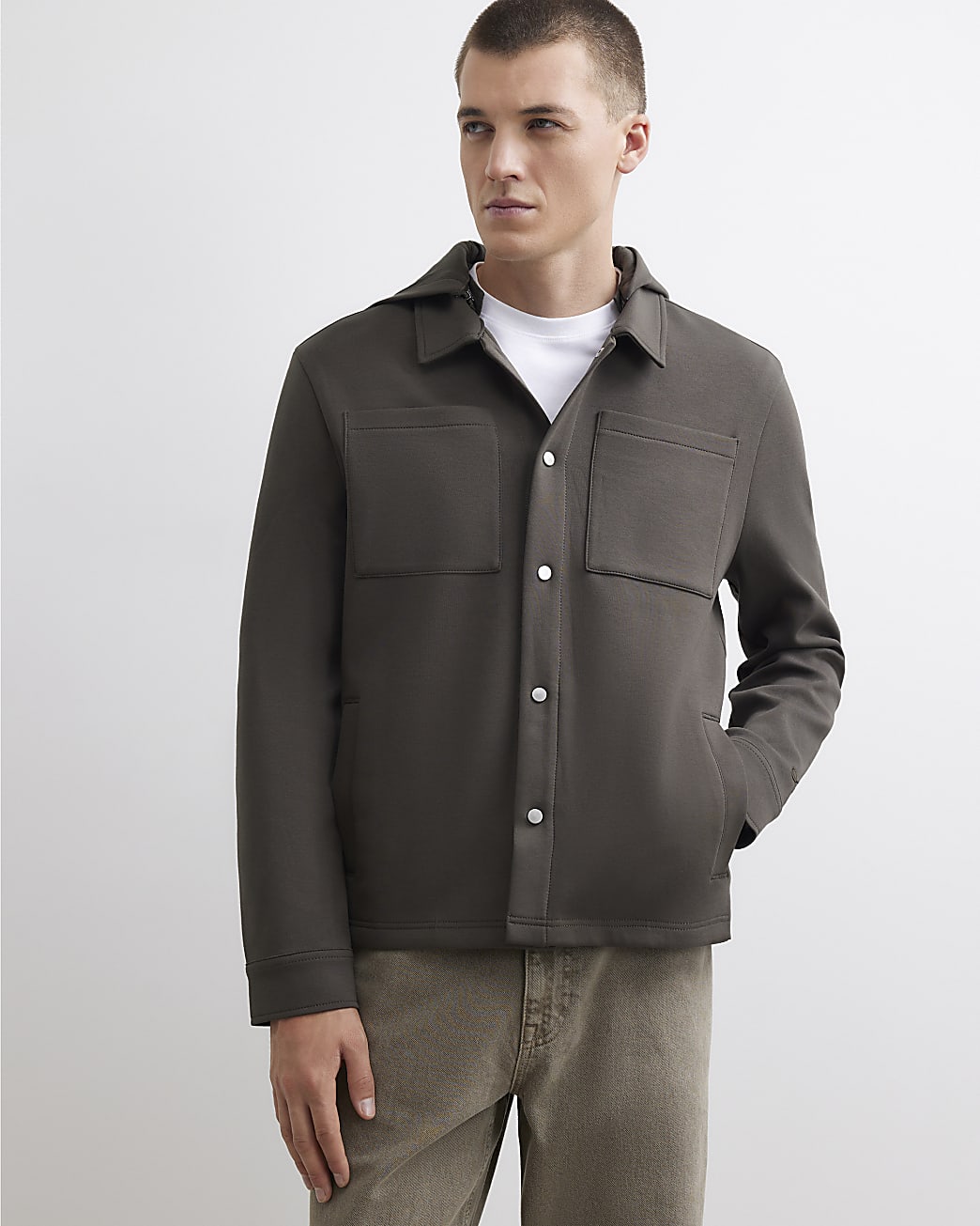 Premium Slim Fit Hooded Overshirt in Khaki - Image 2 Premium Slim Fit Hooded Overshirt in Khaki