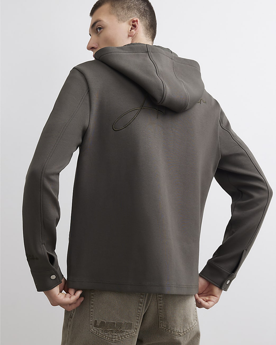 Premium Slim Fit Hooded Overshirt in Khaki - Image 3 Premium Slim Fit Hooded Overshirt in Khaki