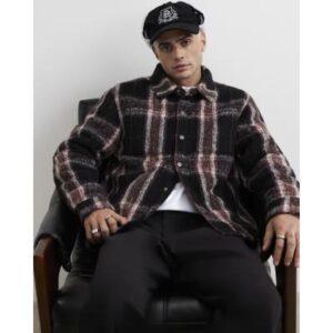 Regular Fit Brushed Check Overshirt in Black