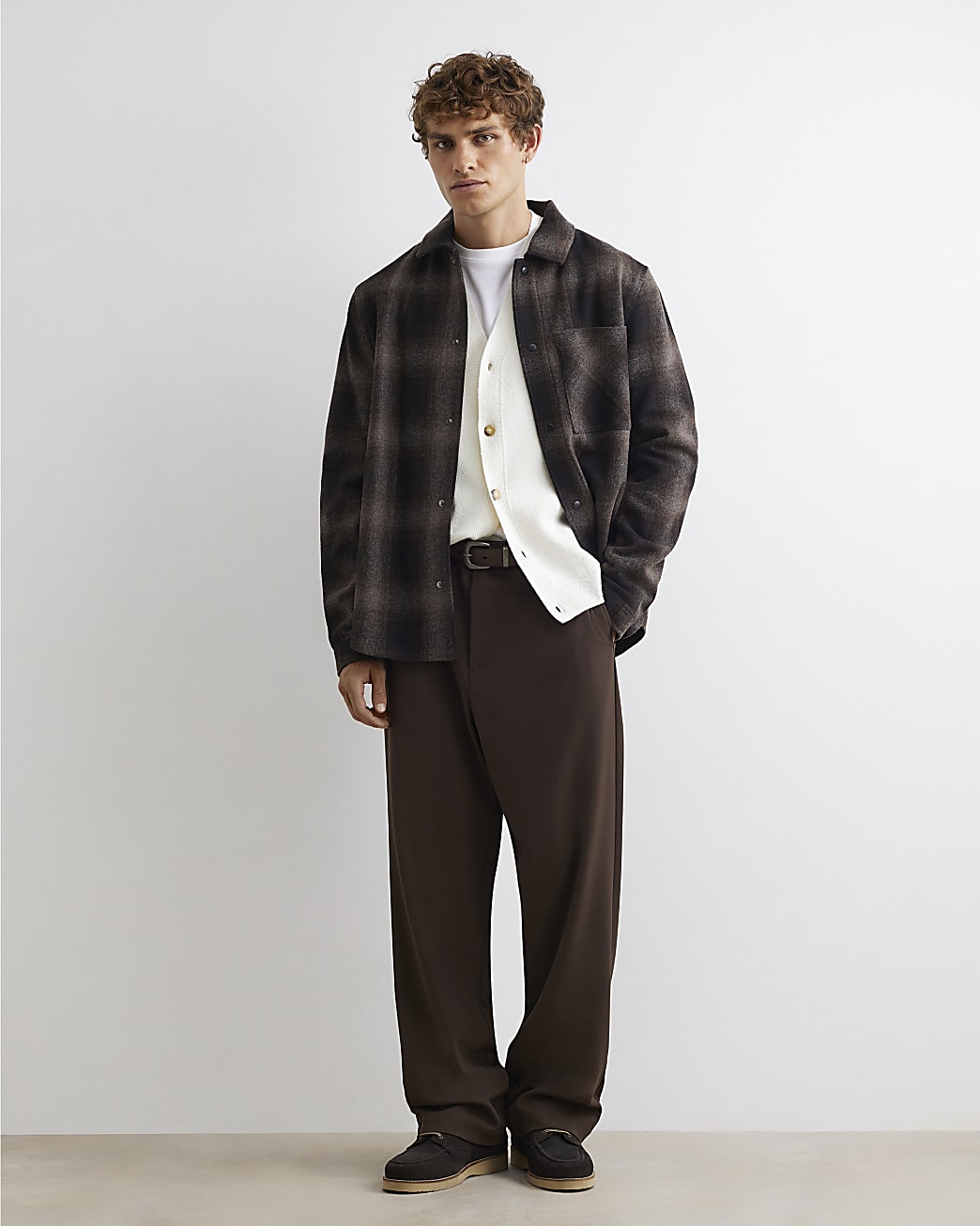 Regular Fit Check Brushed Overshirt in Brown - Image 2 Regular Fit Check Brushed Overshirt in Brown