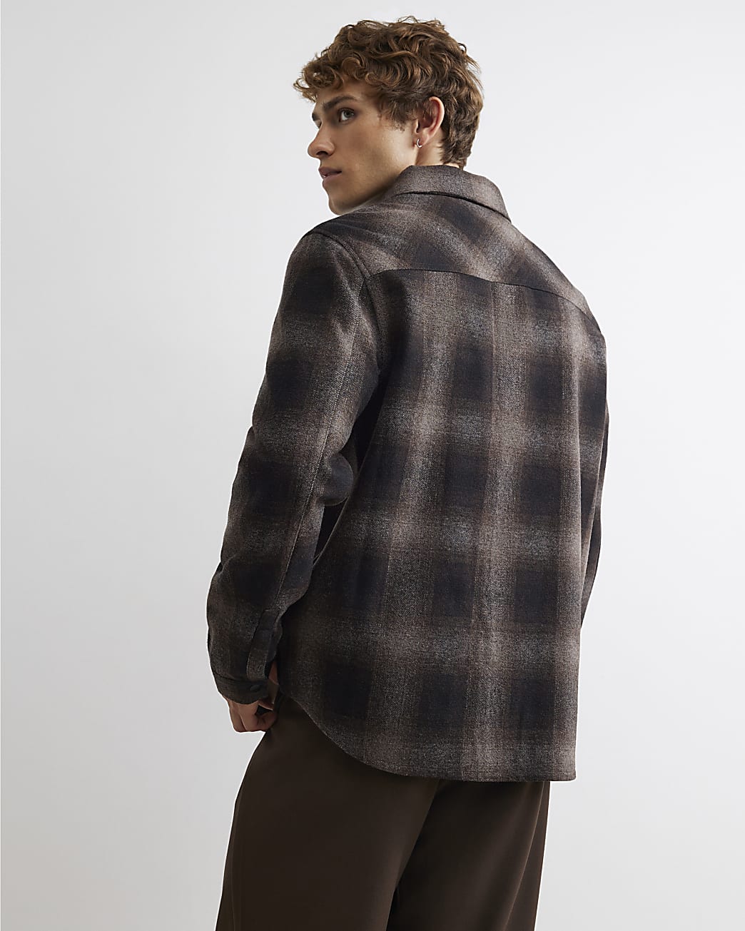 Regular Fit Check Brushed Overshirt in Brown - Image 3 Regular Fit Check Brushed Overshirt in Brown