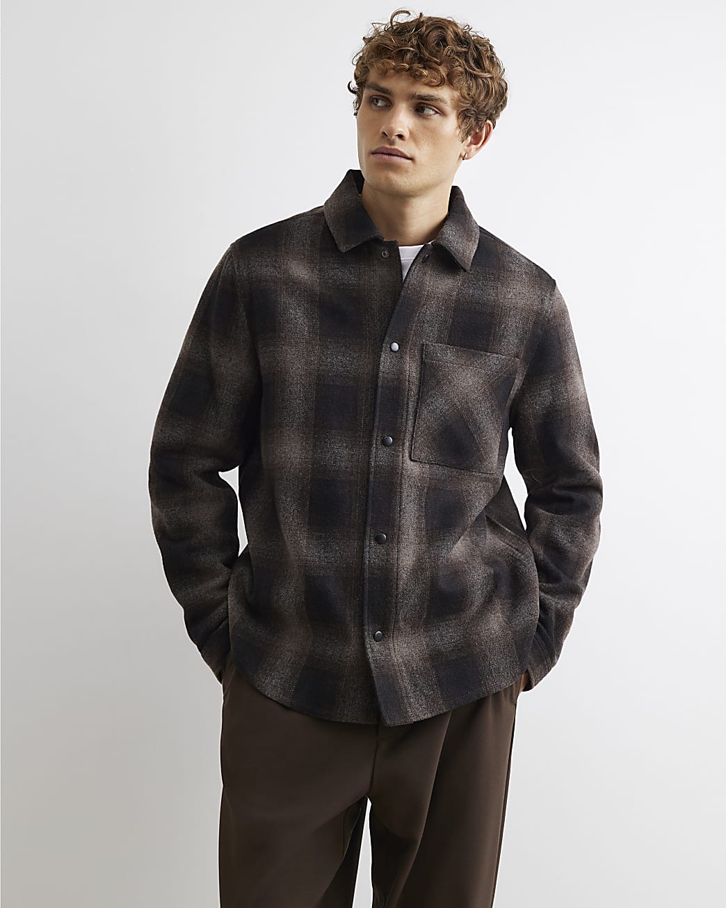 Regular Fit Check Brushed Overshirt in Brown - Image 4 Regular Fit Check Brushed Overshirt in Brown