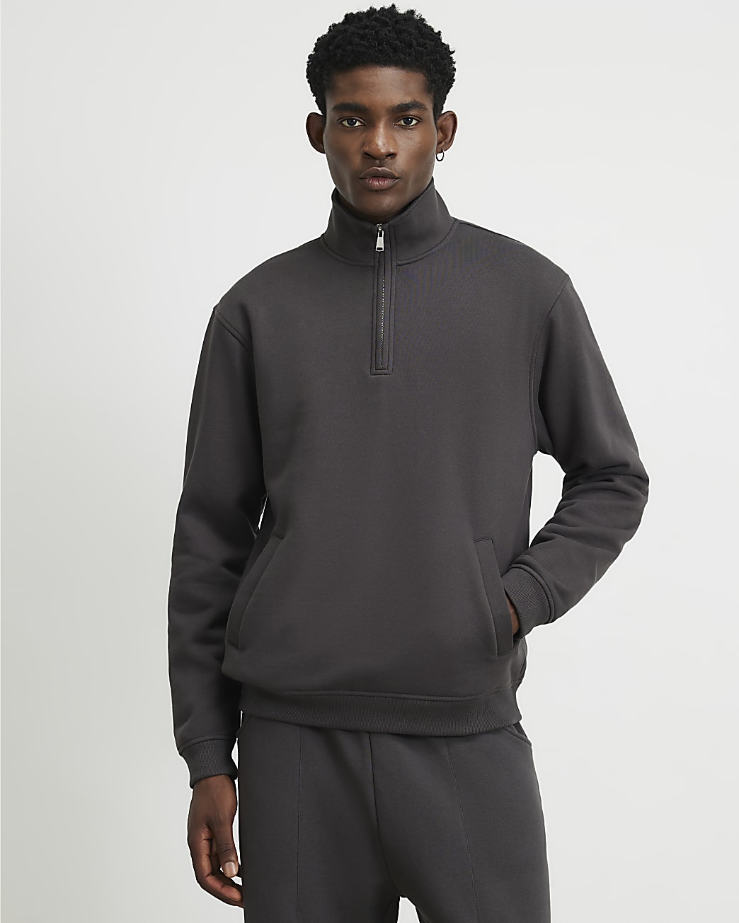 Regular Fit Cotton Half Zip Sweatshirt in Grey - Image 2 Regular Fit Cotton Half Zip Sweatshirt in Grey