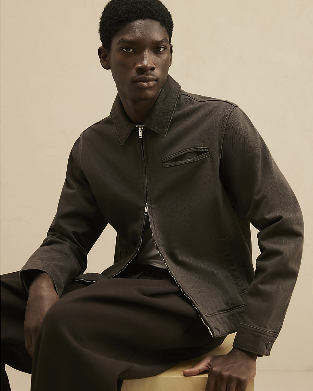 Regular Fit Cotton Zip Through Jacket in Brown - Image 2 Regular Fit Cotton Zip Through Jacket in Brown