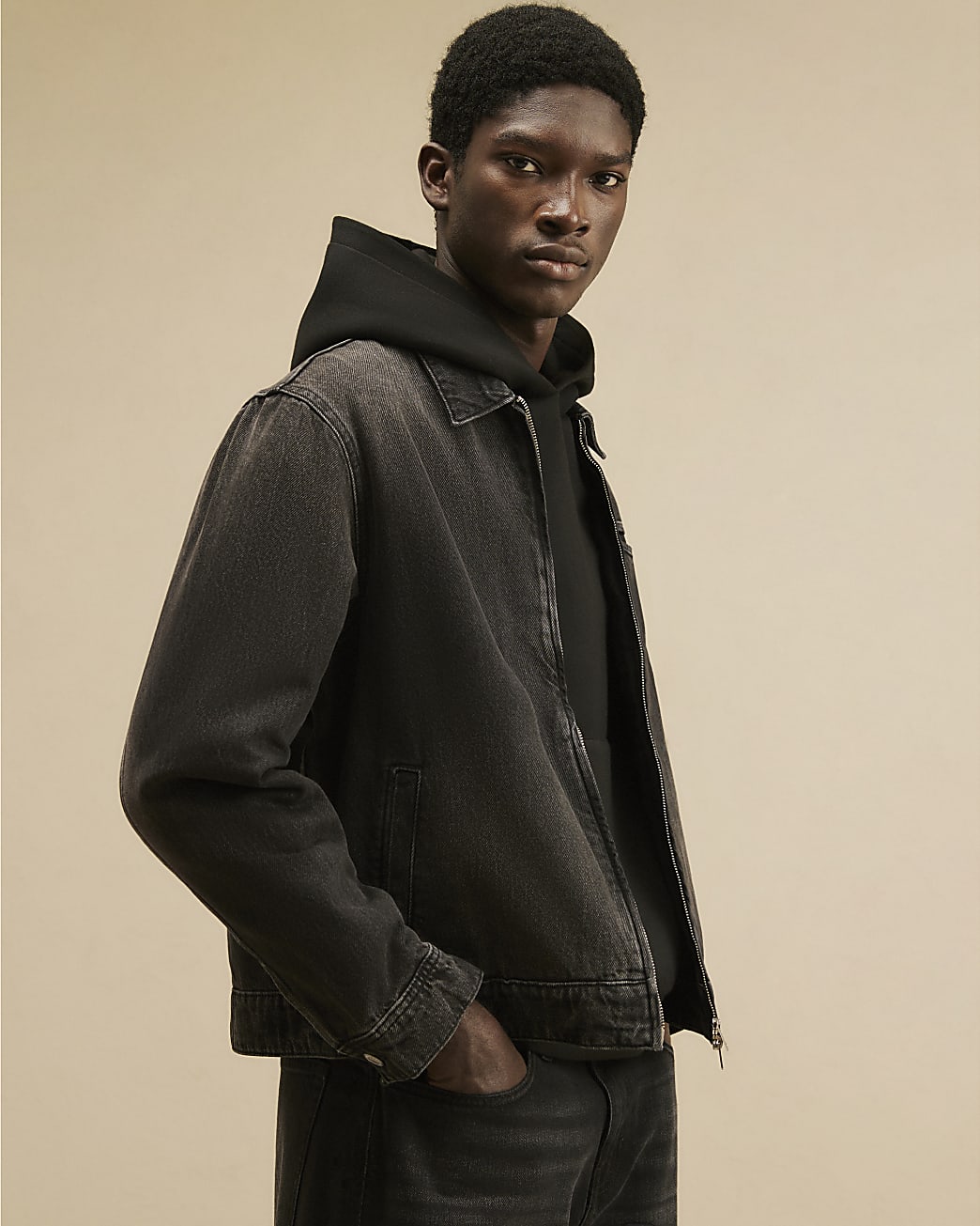 Regular Fit Denim Zip Through Jacket in Black - Image 2 Regular Fit Denim Zip Through Jacket in Black