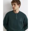 Regular Fit Embroidered Henley Jumper in Green