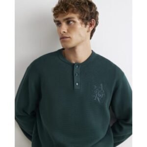 Regular Fit Embroidered Henley Jumper in Green