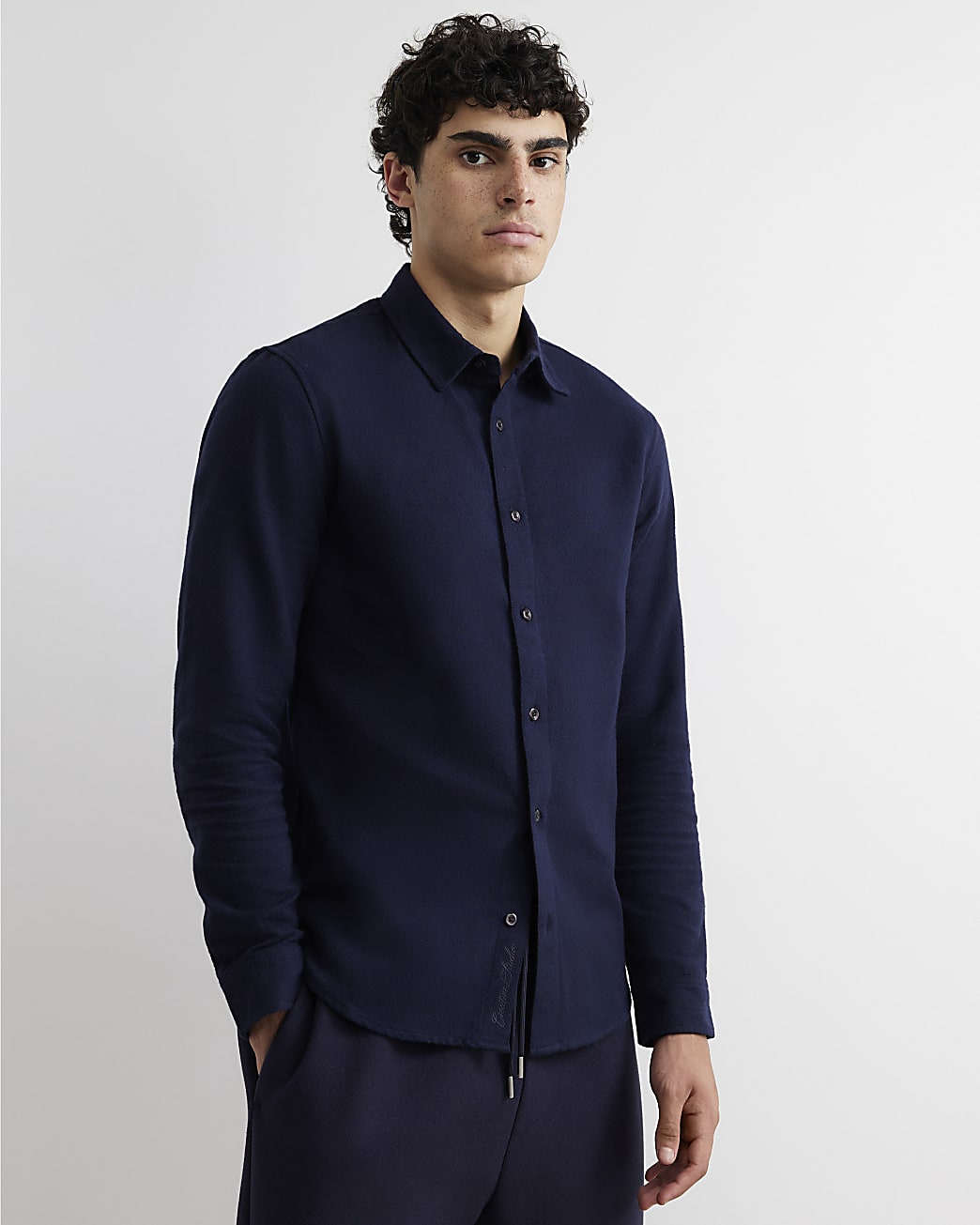 Regular Fit Flannel Long Sleeve Shirt in Navy - Image 2 Regular Fit Flannel Long Sleeve Shirt in Navy