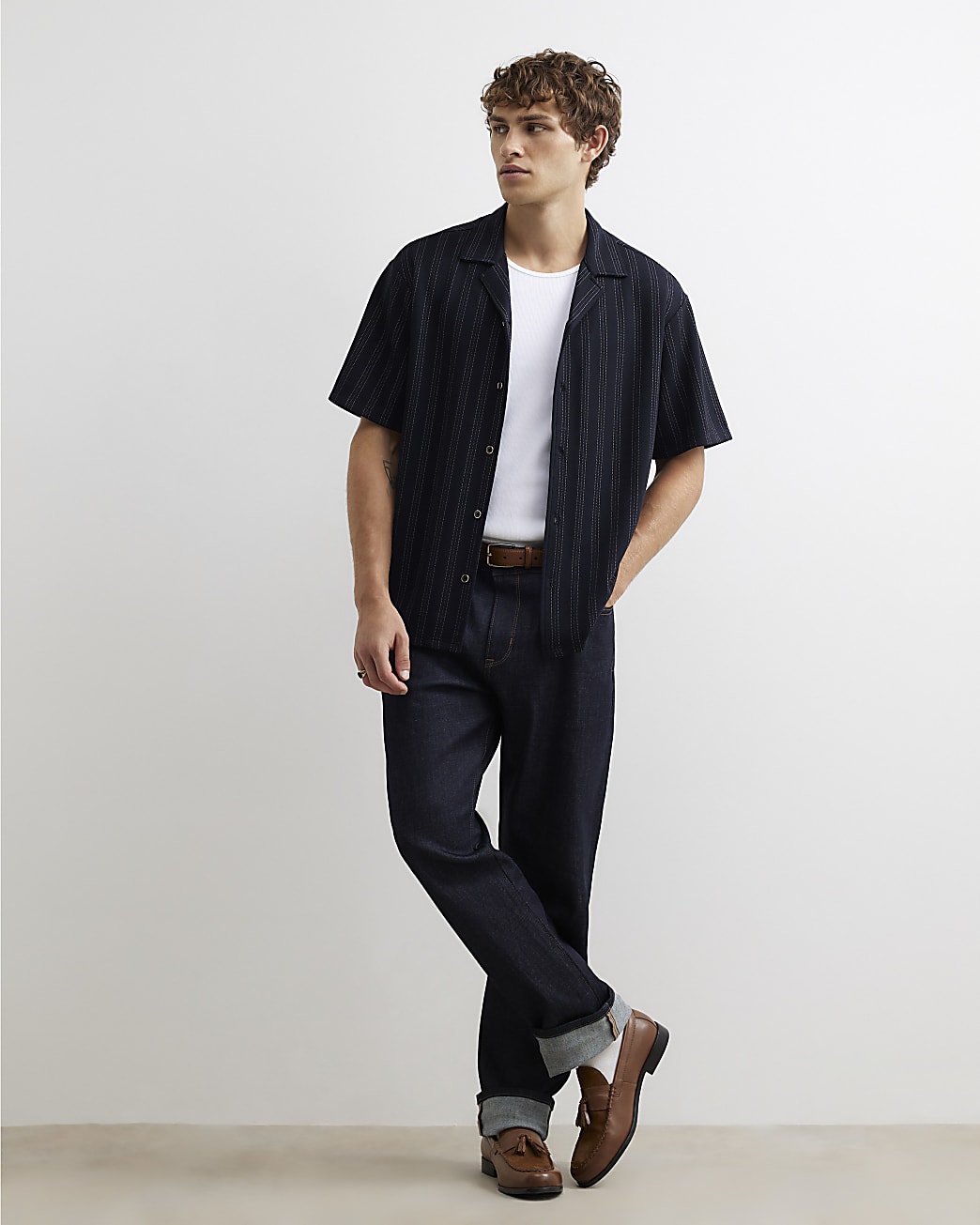 Regular Fit Pinstripe Shirt in Navy - Image 2 Regular Fit Pinstripe Shirt in Navy