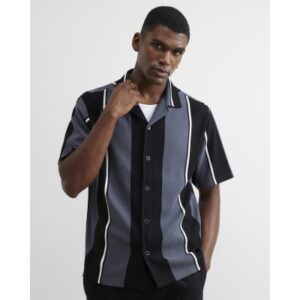 Regular Fit Textured Stripe Revere Shirt in Grey