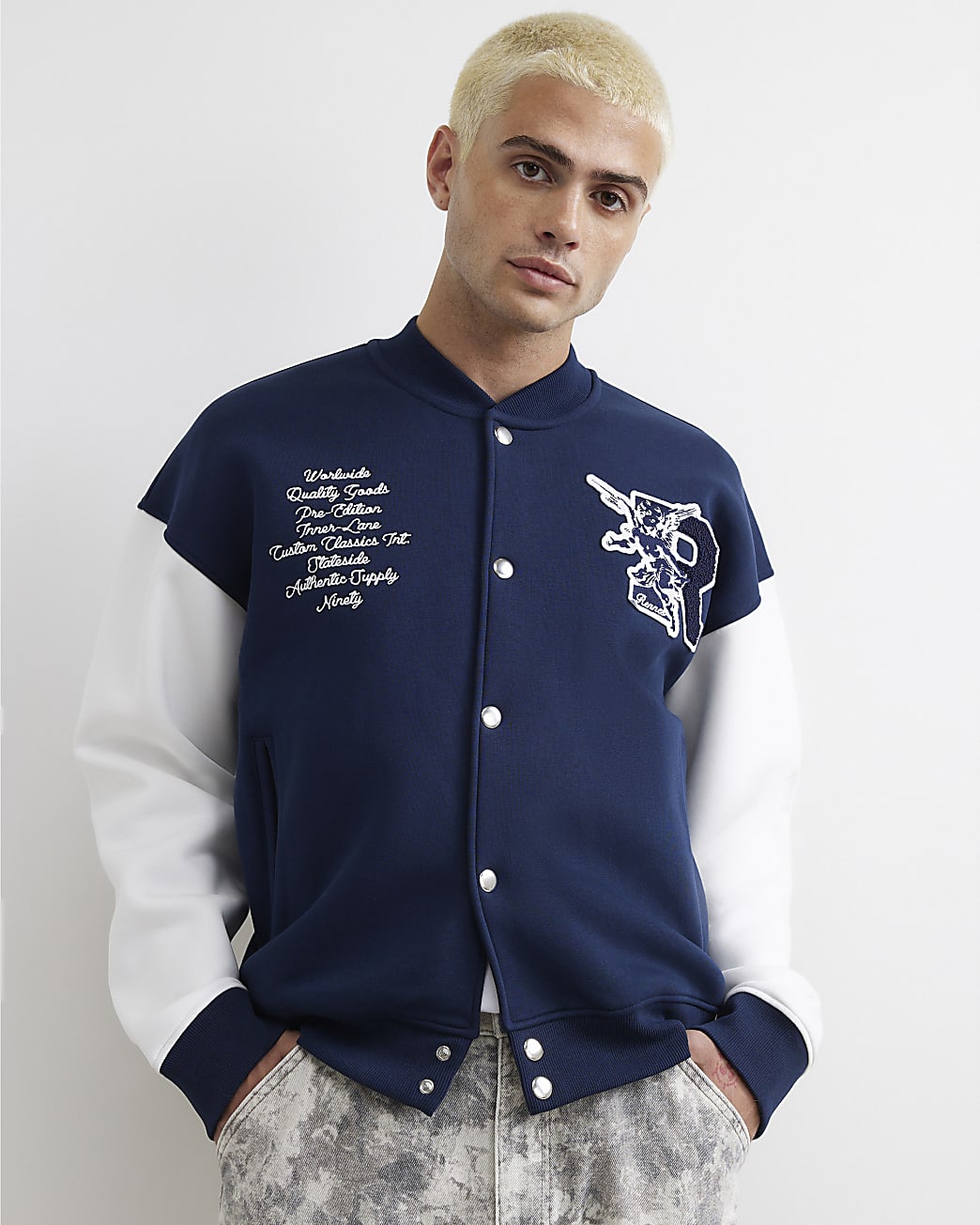 Rennes Varsity Bomber Jacket in Navy - Image 2 Rennes Varsity Bomber Jacket in Navy