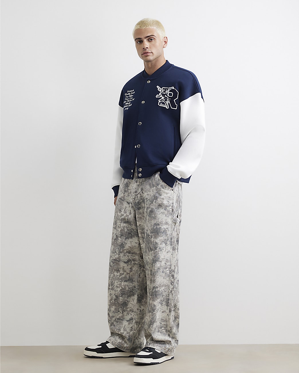 Rennes Varsity Bomber Jacket in Navy - Image 4 Rennes Varsity Bomber Jacket in Navy