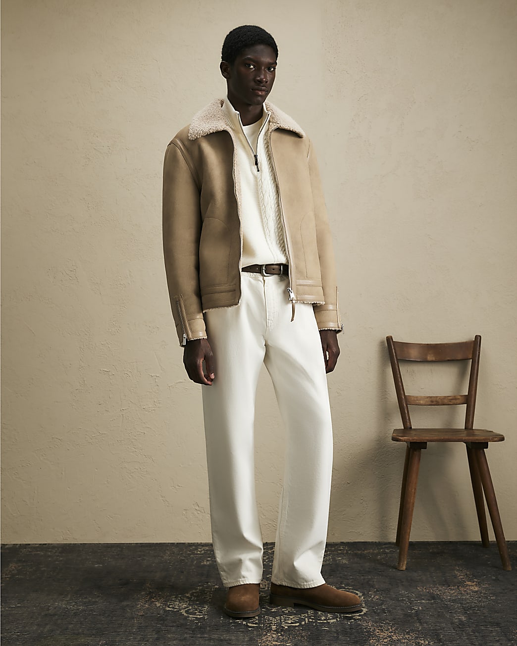 Shearling Lined Western Jacket in Beige - Image 2 Shearling Lined Western Jacket in Beige