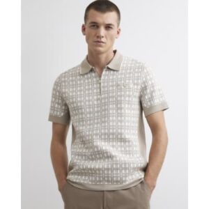 Slim Fit Check Knit Blocked Polo Shirt in Beige