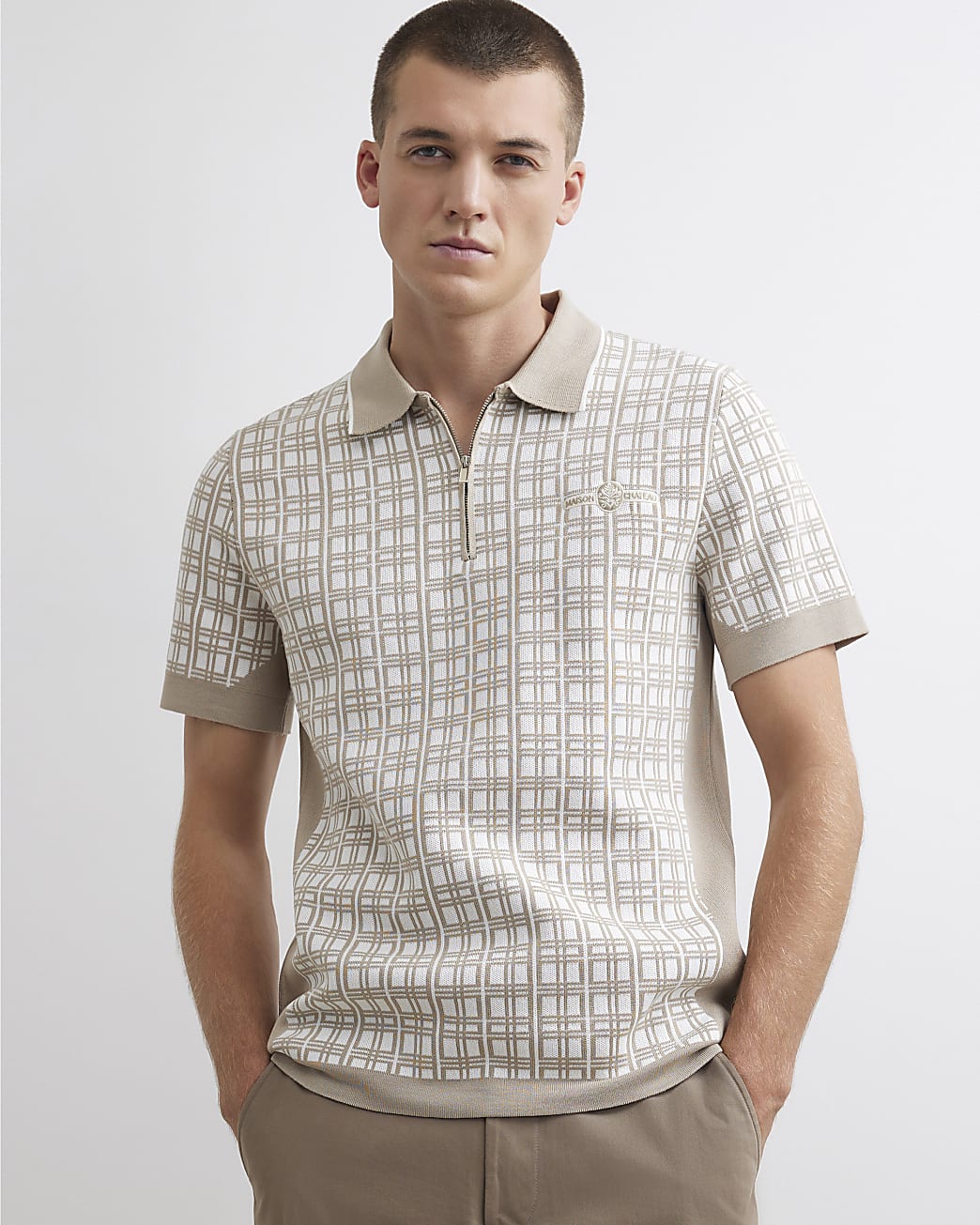 Slim Fit Check Knit Blocked Polo Shirt in Beige - Image 2 Slim Fit Check Knit Blocked Polo Shirt in Beige