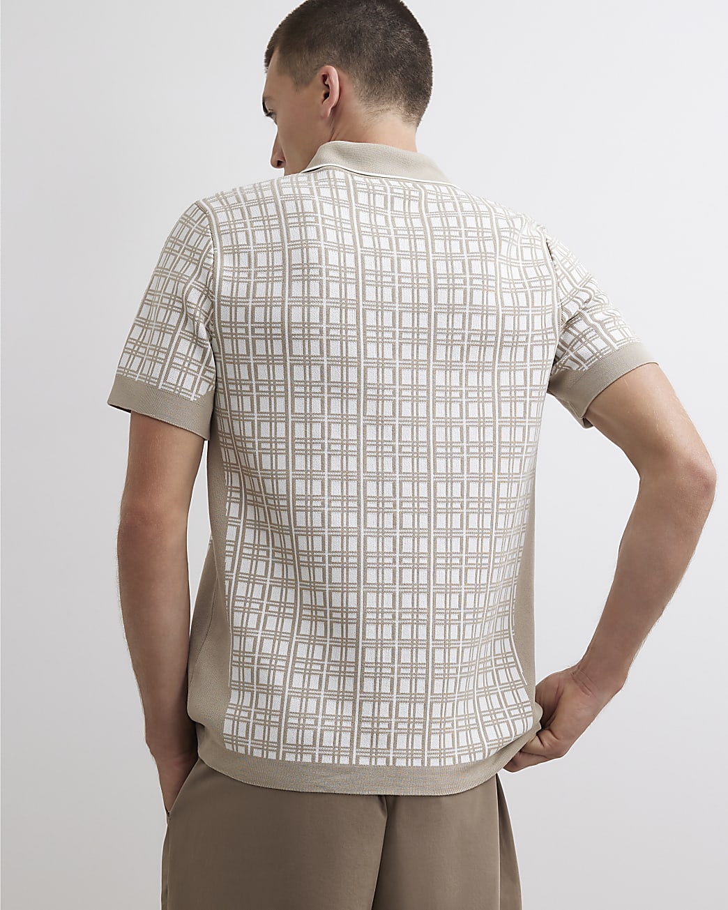 Slim Fit Check Knit Blocked Polo Shirt in Beige - Image 3 Slim Fit Check Knit Blocked Polo Shirt in Beige