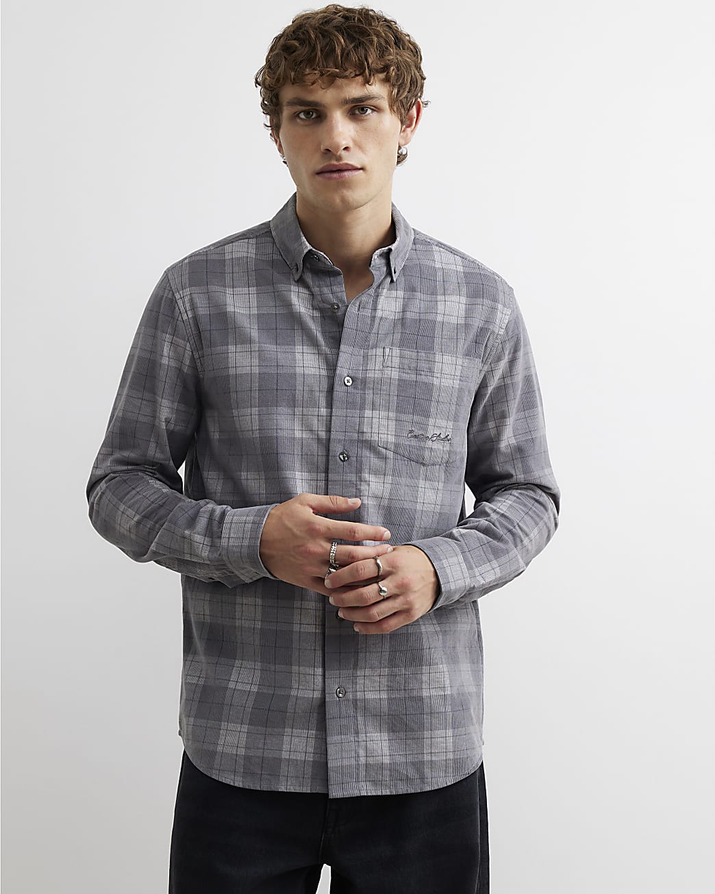 Slim Fit Corduroy Check Shirt in Grey - Image 2 Slim Fit Corduroy Check Shirt in Grey