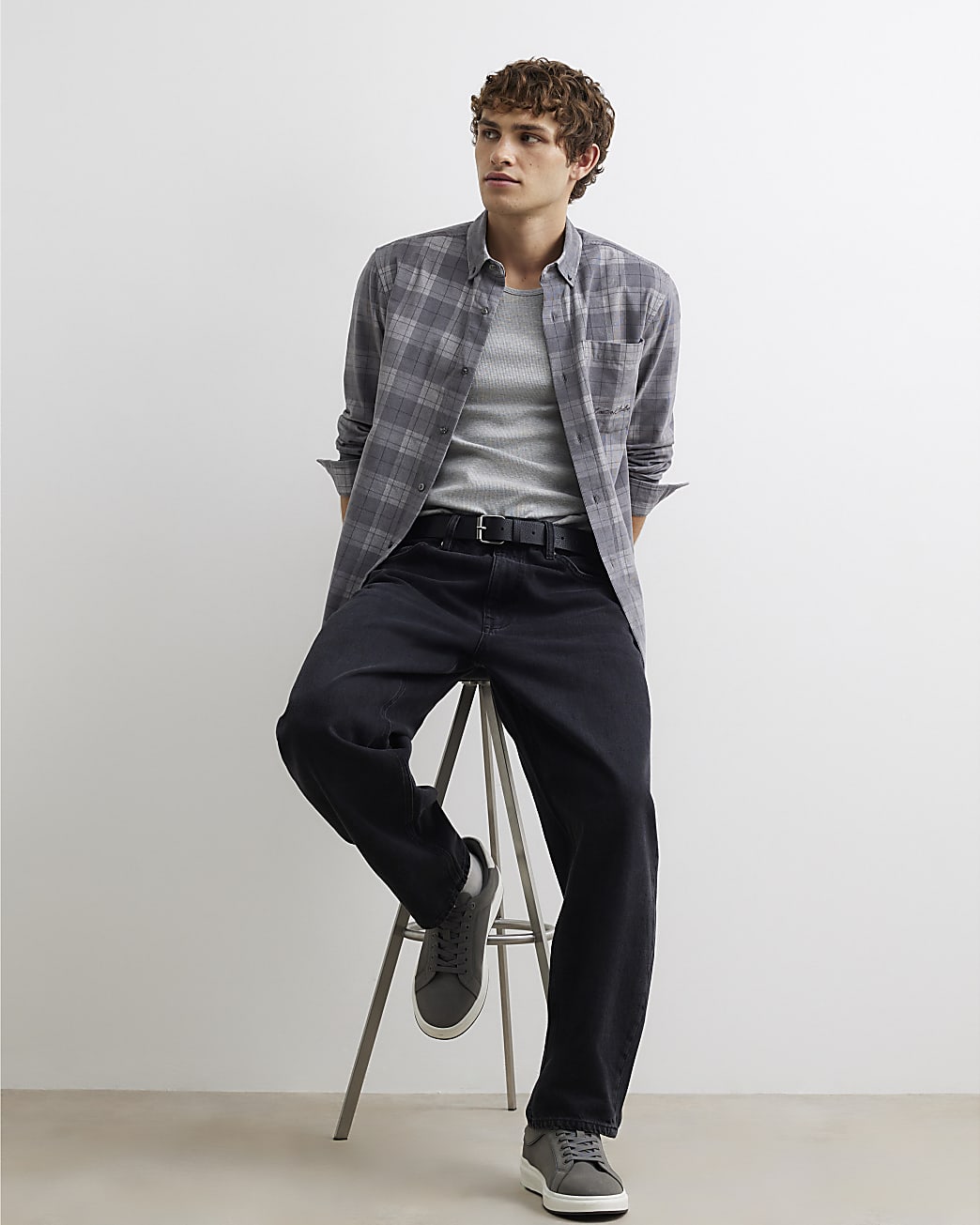 Slim Fit Corduroy Check Shirt in Grey - Image 4 Slim Fit Corduroy Check Shirt in Grey