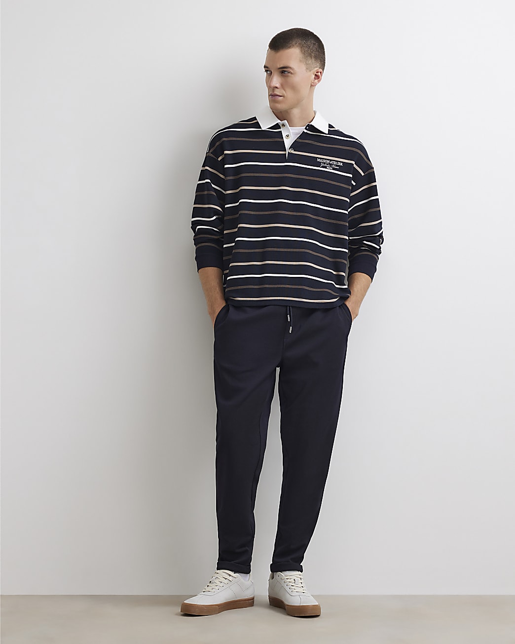 Slim Fit Cotton Turn Up Hem Joggers in Navy - Image 2 Slim Fit Cotton Turn Up Hem Joggers in Navy