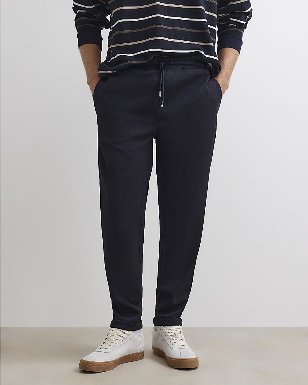 Slim Fit Cotton Turn Up Hem Joggers in Navy - Image 4 Slim Fit Cotton Turn Up Hem Joggers in Navy