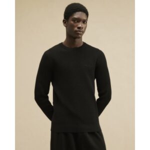 Slim Fit Cotton Waffle Knitted Jumper in Black