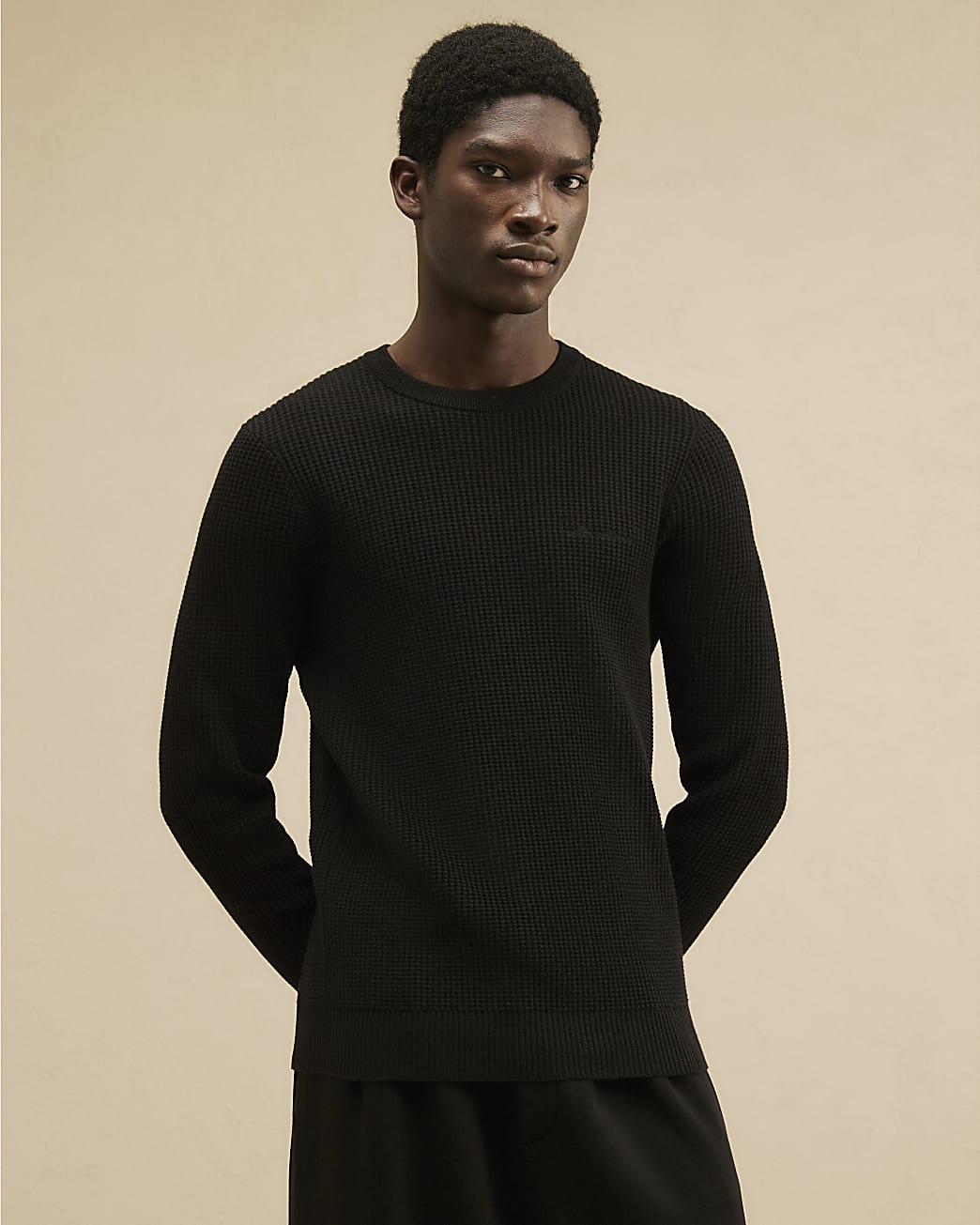 Slim Fit Cotton Waffle Knitted Jumper in Black - Image 2 Slim Fit Cotton Waffle Knitted Jumper in Black
