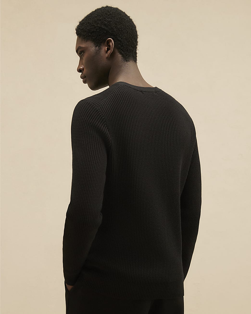 Slim Fit Cotton Waffle Knitted Jumper in Black - Image 3 Slim Fit Cotton Waffle Knitted Jumper in Black