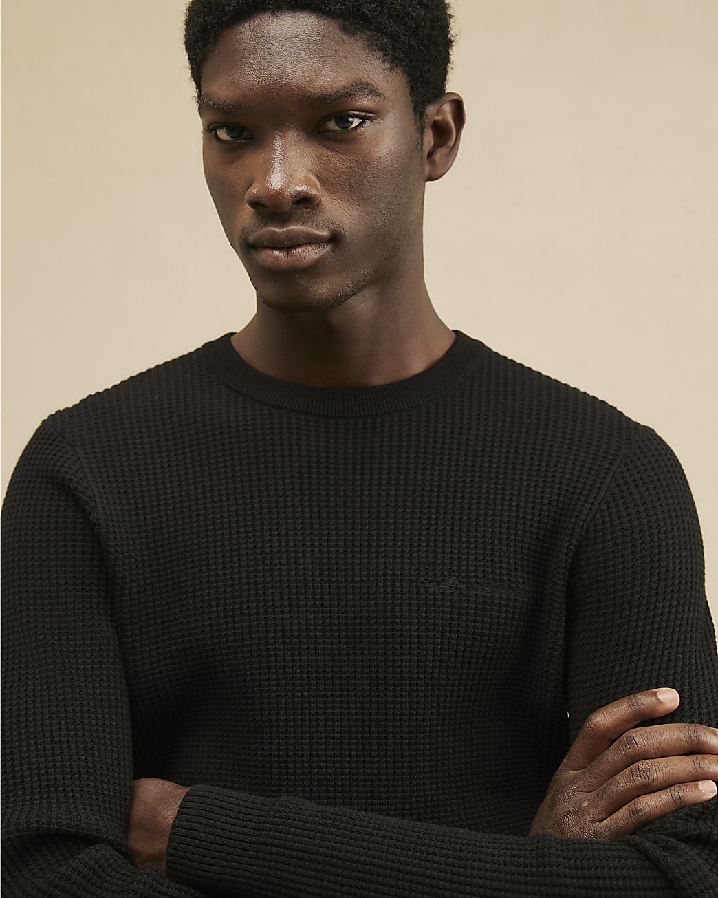 Slim Fit Cotton Waffle Knitted Jumper in Black - Image 4 Slim Fit Cotton Waffle Knitted Jumper in Black