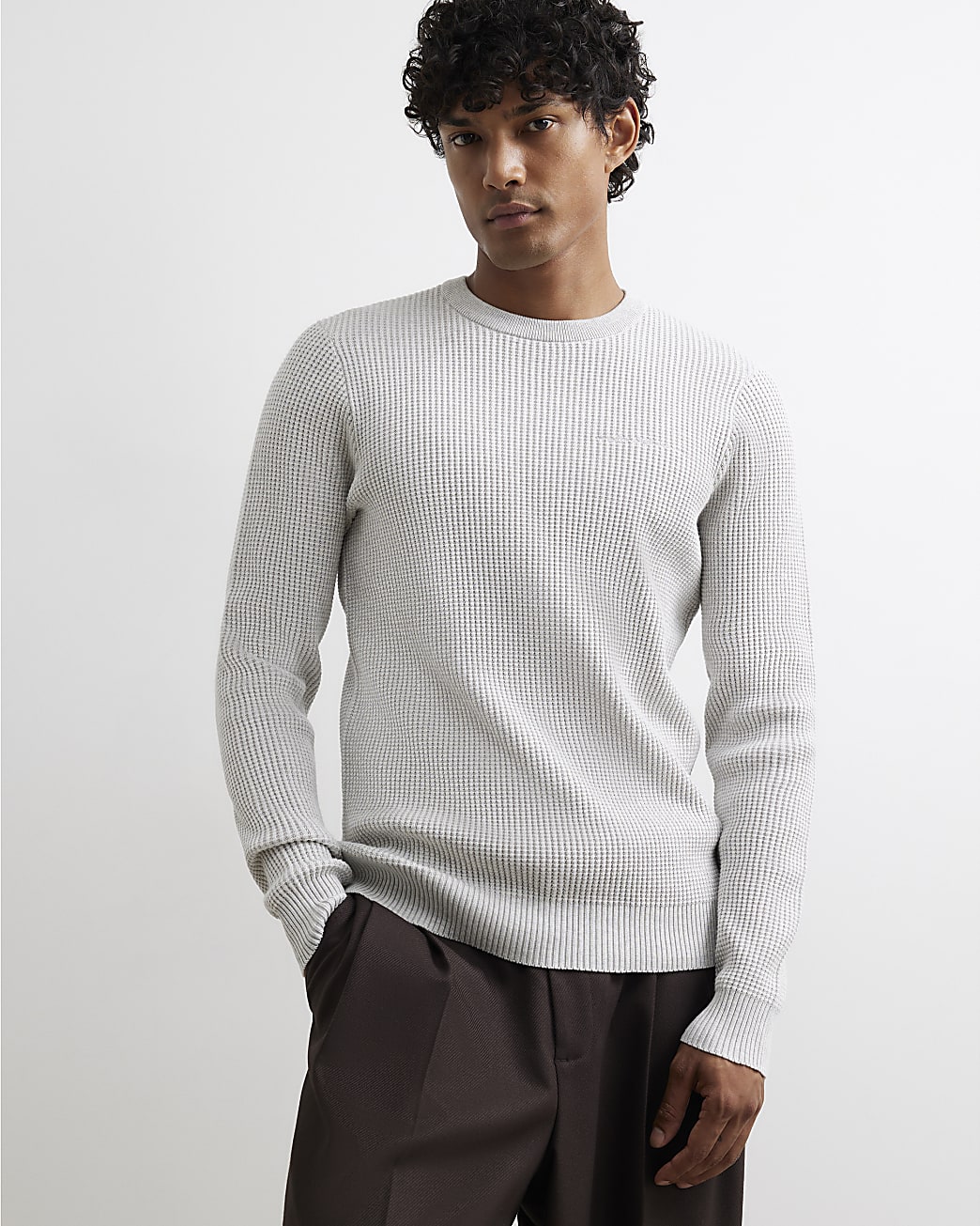 Slim Fit Cotton Waffle Knitted Jumper in Grey - Image 2 Slim Fit Cotton Waffle Knitted Jumper in Grey