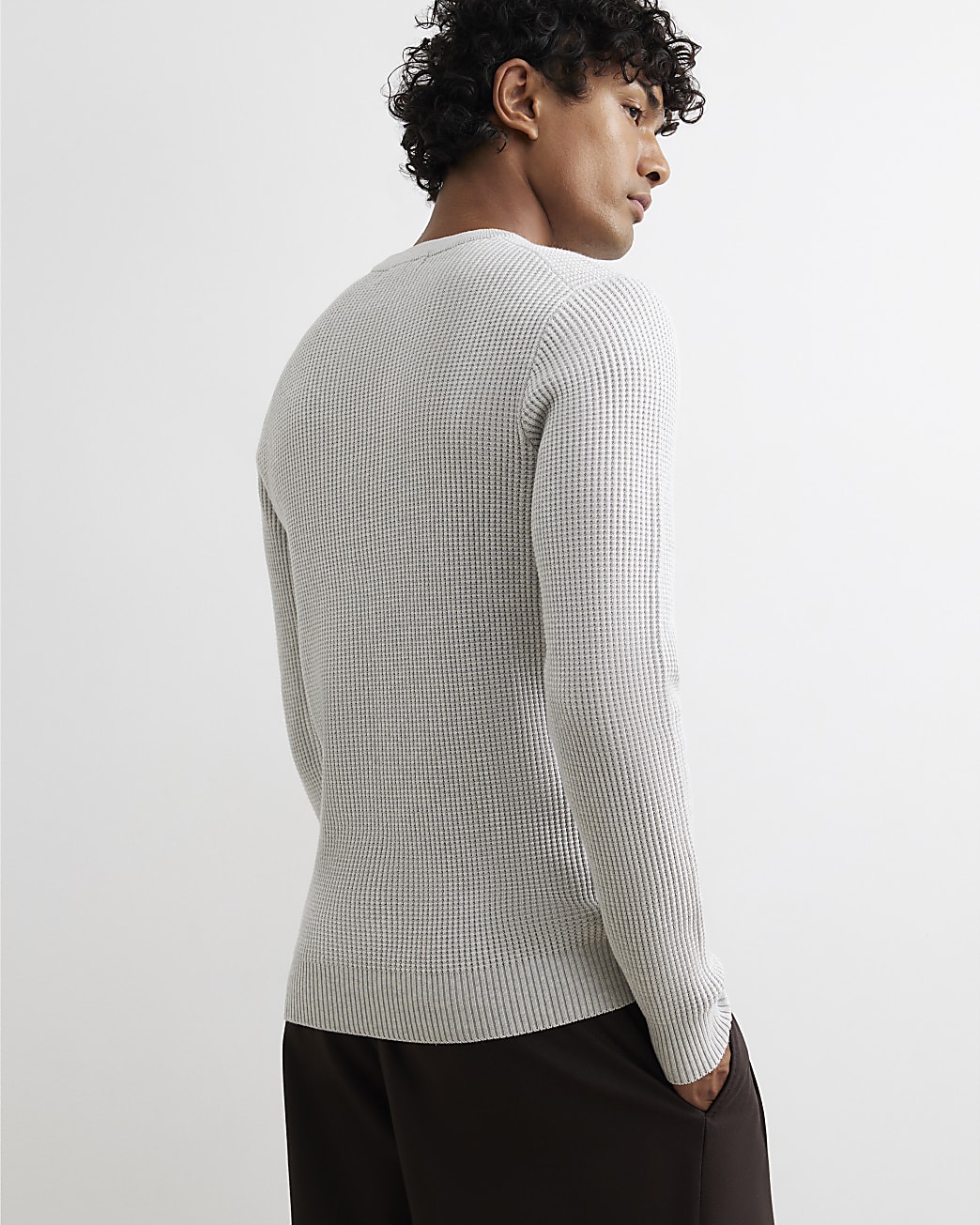 Slim Fit Cotton Waffle Knitted Jumper in Grey - Image 3 Slim Fit Cotton Waffle Knitted Jumper in Grey