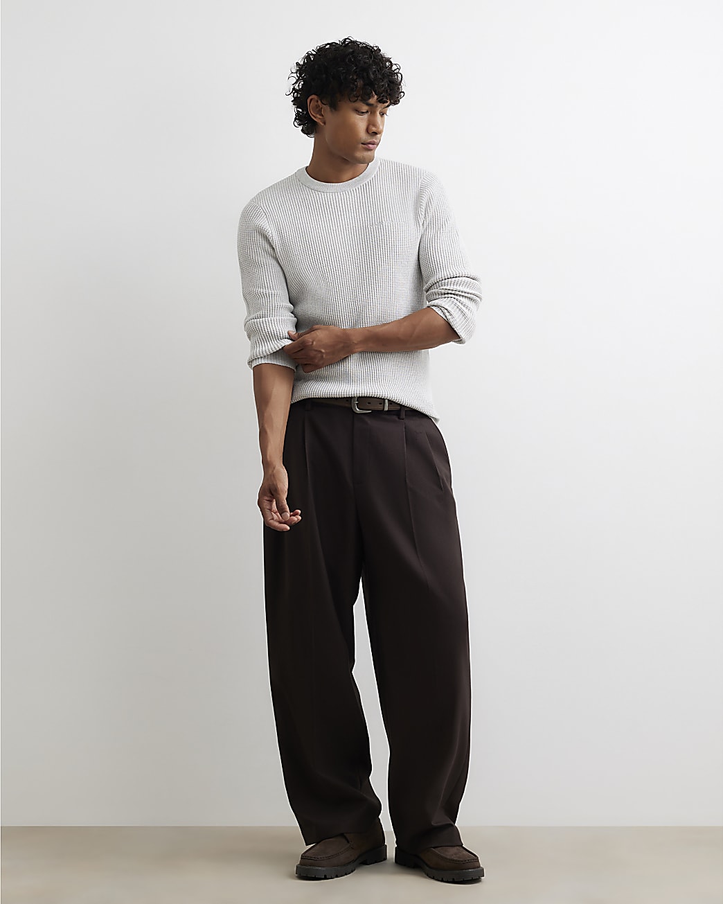 Slim Fit Cotton Waffle Knitted Jumper in Grey - Image 4 Slim Fit Cotton Waffle Knitted Jumper in Grey