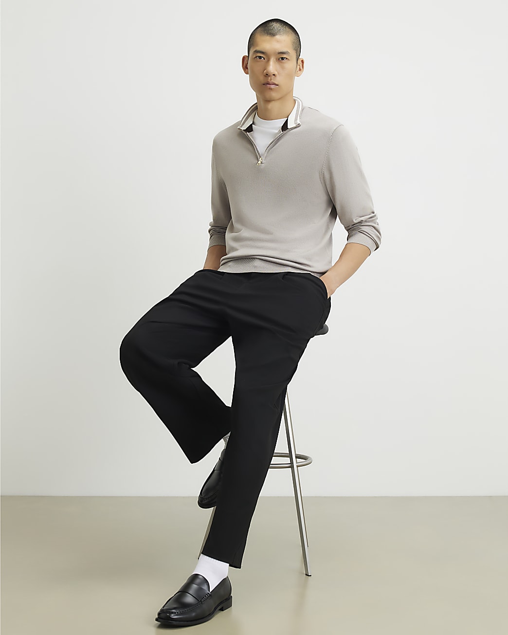 Slim Fit Half Zip Jumper in Beige - Image 4 Slim Fit Half Zip Jumper in Beige