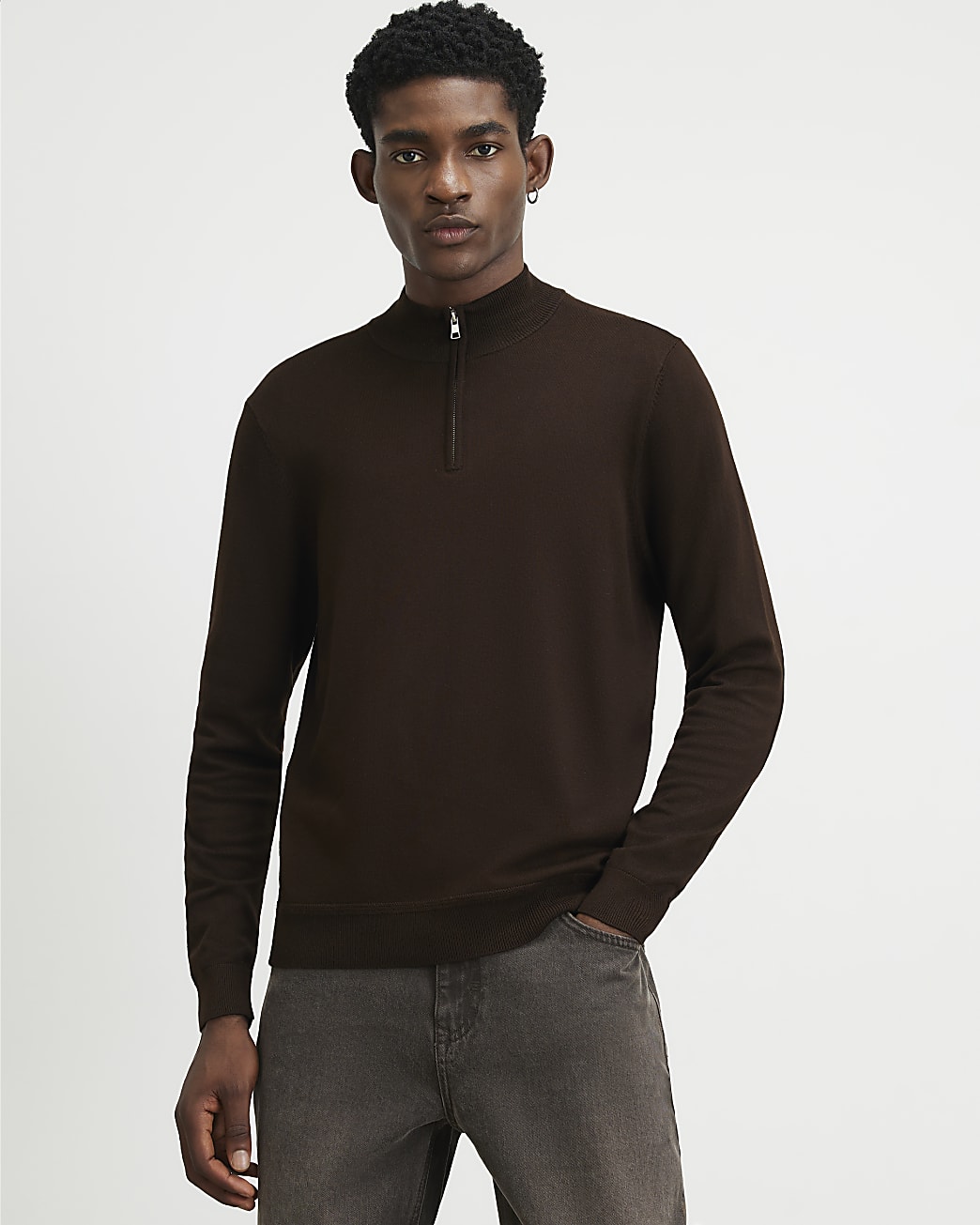 Slim Fit Half Zip Jumper in Brown - Image 2 Slim Fit Half Zip Jumper in Brown
