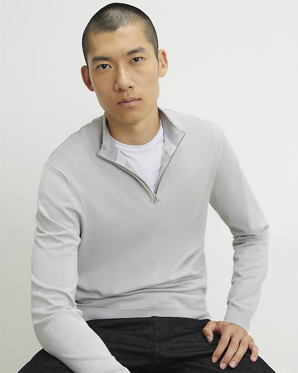 Slim Fit Half Zip Jumper in Grey - Image 2 Slim Fit Half Zip Jumper in Grey