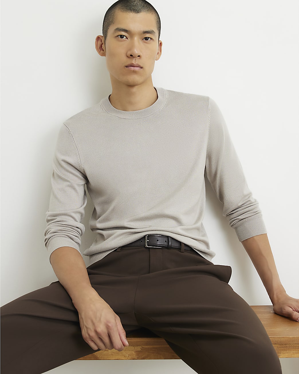 Slim Fit Knit Jumper in Beige - Image 2 Slim Fit Knit Jumper in Beige