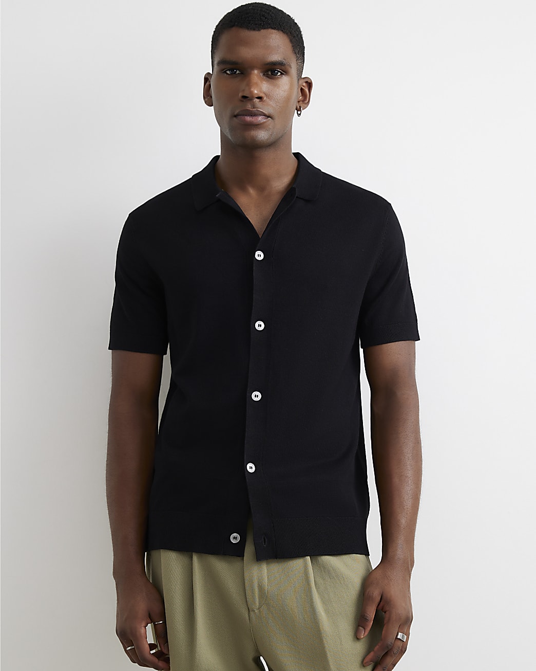 Slim Fit Knitted Button Through Shirt in Black - Image 2 Slim Fit Knitted Button Through Shirt in Black