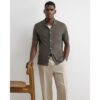 Slim Fit Knitted Button Through Shirt in Khaki