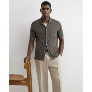 Slim Fit Knitted Button Through Shirt in Khaki