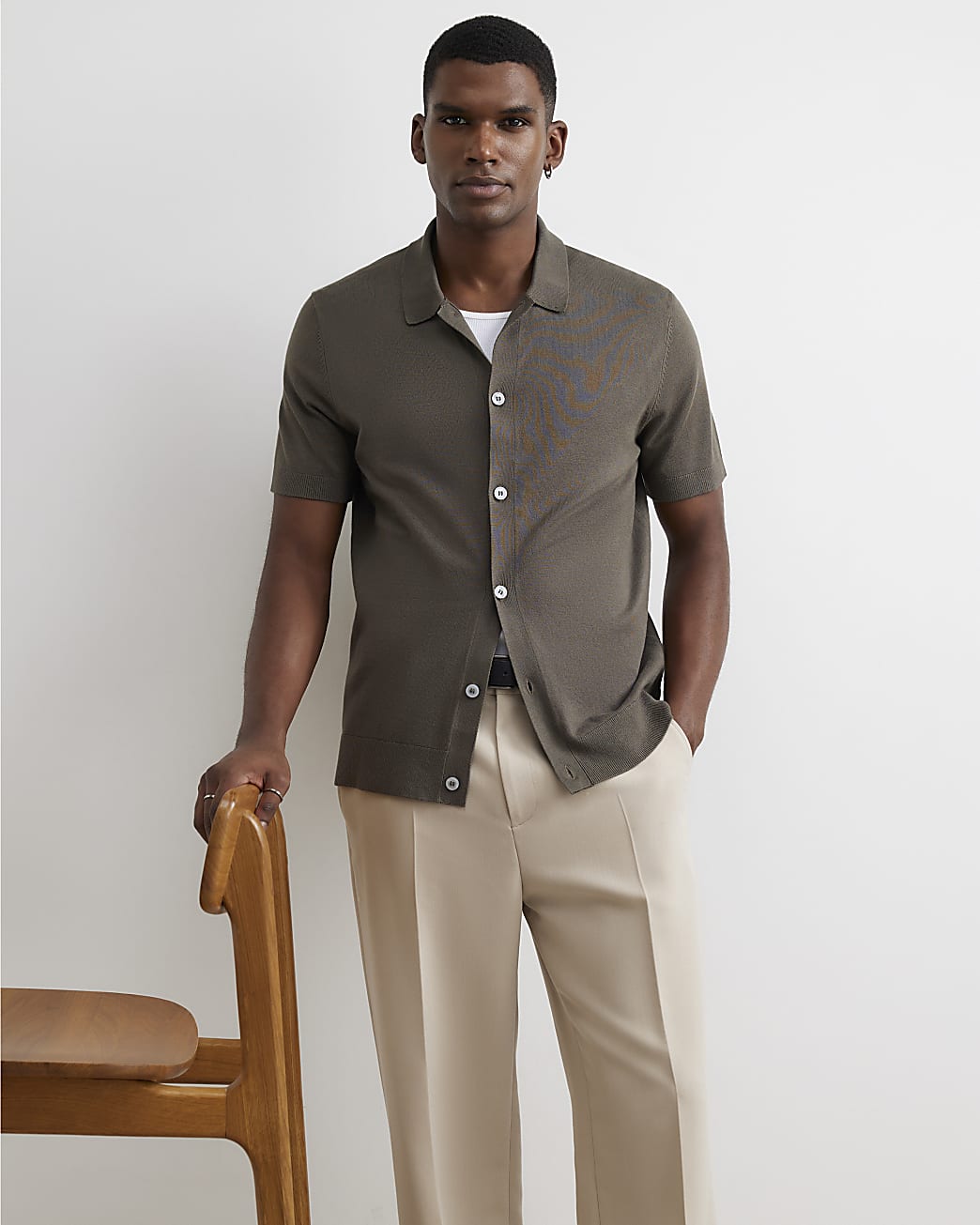 Slim Fit Knitted Button Through Shirt in Khaki - Image 2 Slim Fit Knitted Button Through Shirt in Khaki