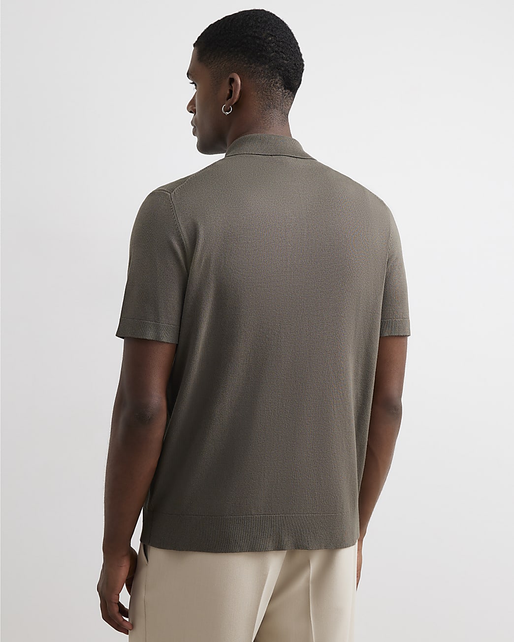 Slim Fit Knitted Button Through Shirt in Khaki - Image 3 Slim Fit Knitted Button Through Shirt in Khaki