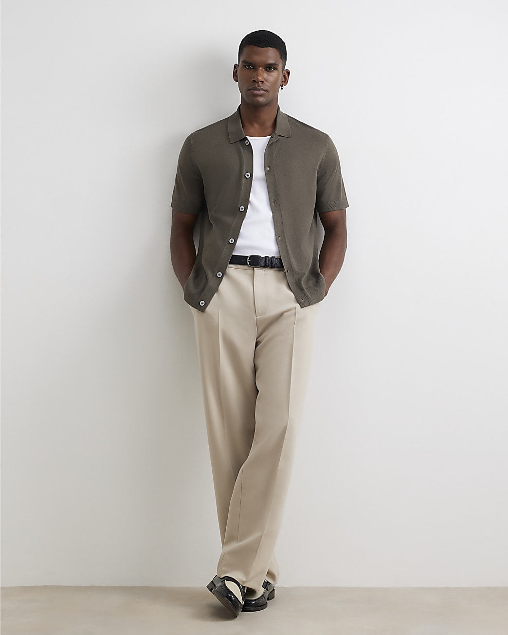 Slim Fit Knitted Button Through Shirt in Khaki - Image 4 Slim Fit Knitted Button Through Shirt in Khaki