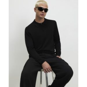 Slim Fit Knitted Polo Shirt in Black