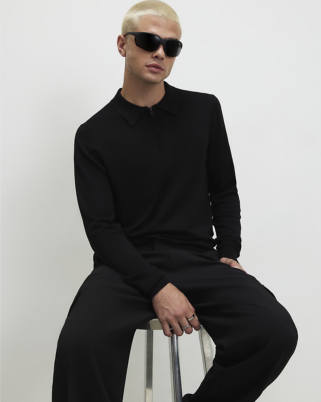 Slim Fit Knitted Polo Shirt in Black - Image 2 Slim Fit Knitted Polo Shirt in Black