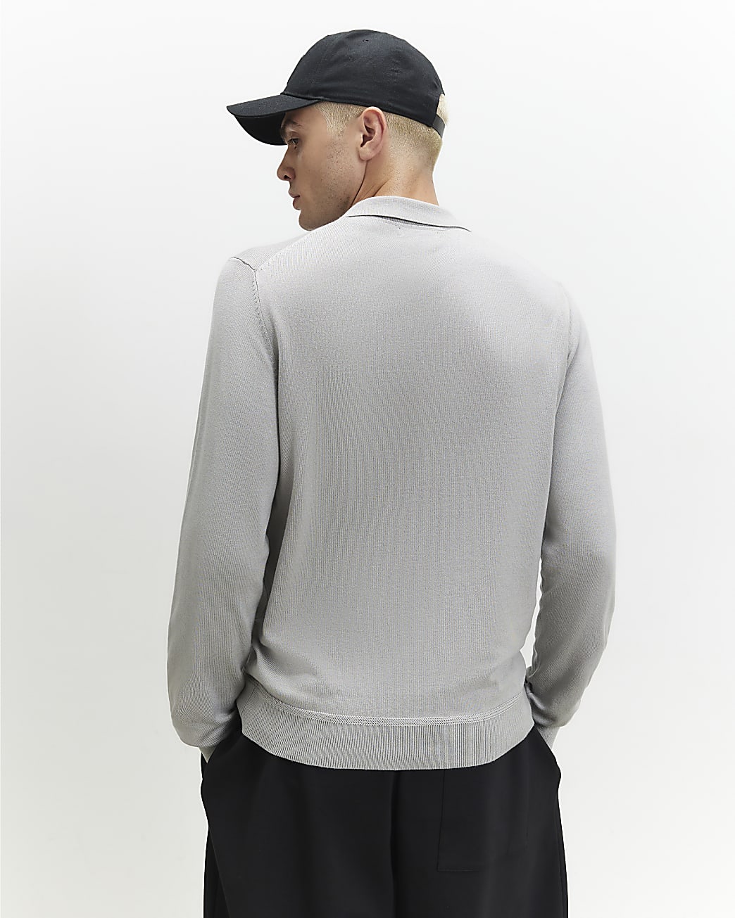 Slim Fit Knitted Polo Shirt in Grey - Image 3 Slim Fit Knitted Polo Shirt in Grey