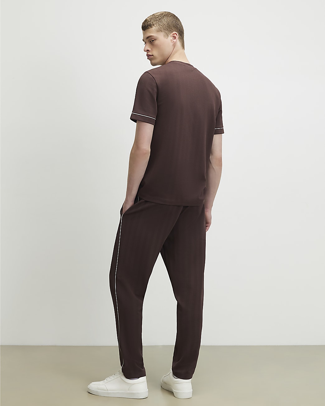 Slim Fit Piped Textured Joggers in Brown - Image 3 Slim Fit Piped Textured Joggers in Brown